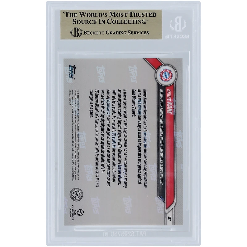 Harry Kane Bayern Munich 2024-25 Topps Now UCL Becomes Top English Goalscorer in UEFA Champions League History #7 BGS Authenticated 10 Card - 10,10,10,9.5 Subgrades