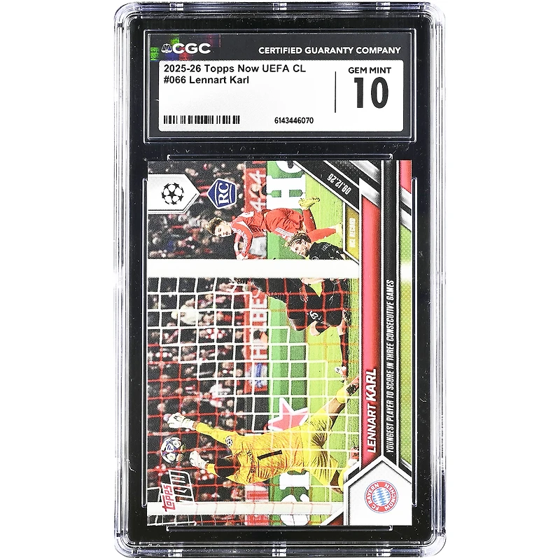 Lennart Karl Bayern Munich 2025-26 Topps Now UEFA CL Youngest Player to Score in Three Consecutive Games #66 CGC Authenticated 10 Rookie Card