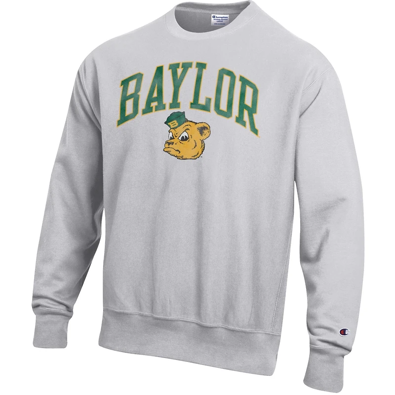 Men's Champion Gray Baylor Bears Distressed Arch Over Logo Reverse Weave Crew Neck Sweatshirt