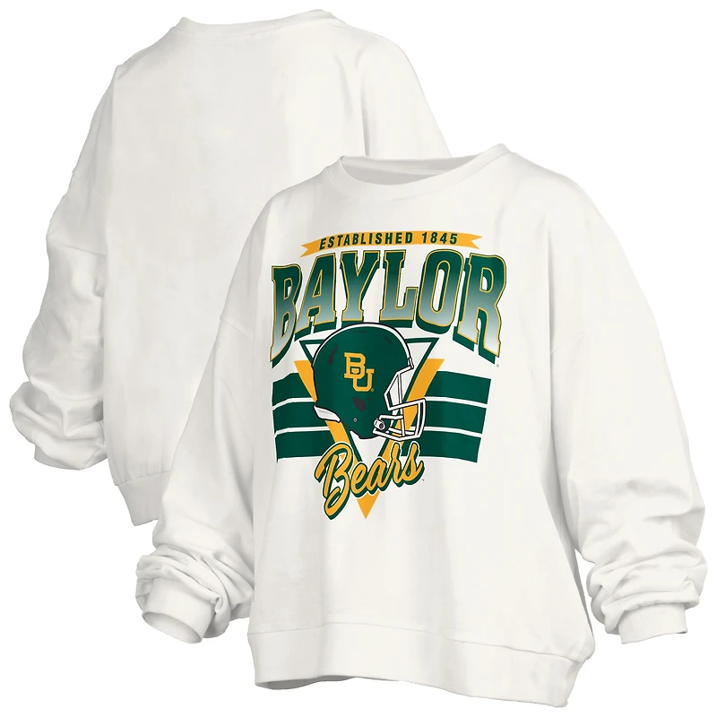 Women's Pressbox White Baylor Bears Oversized Janice Retro Waist-Length Pullover Sweatshirt