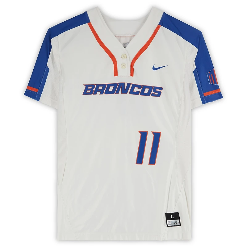 Maillot blanc n° 11 émis par l'équipe des Broncos de Boise State du programme softball