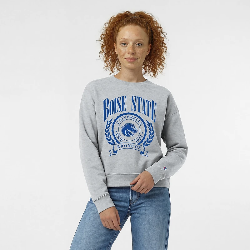 Sweat-shirt à col rond Powerblend gris chiné pour femme, motif Boise State Broncos Academic Crest.