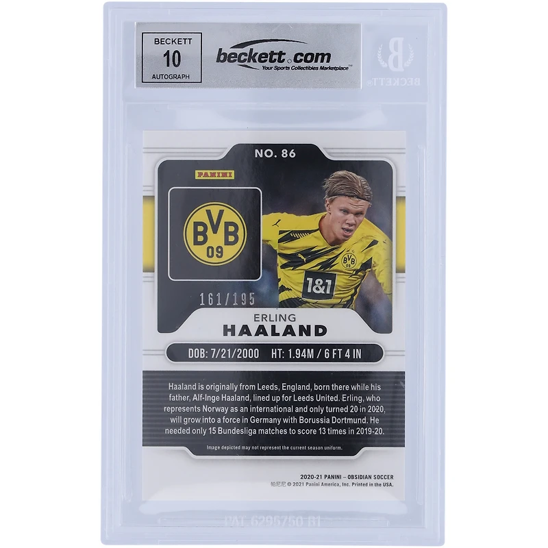 Erling Haaland Borussia Dortmund dédicacé 2020-21 Panini Obsidian #86 #161/195 BAS authentifié 10 cartes