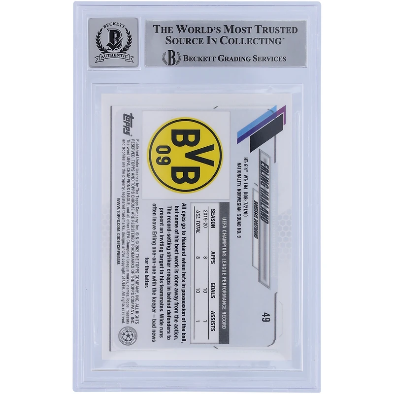 Carte autographiée Topps Chrome UCL #49 BAS 2020-21 du Borussia Dortmund par Erling Haaland authentifiée