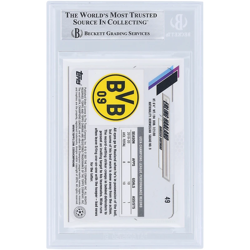 Carte authentifiée autographiée Topps Chrome UCL #49 BAS 2020-21 du Borussia Dortmund par Erling Haaland