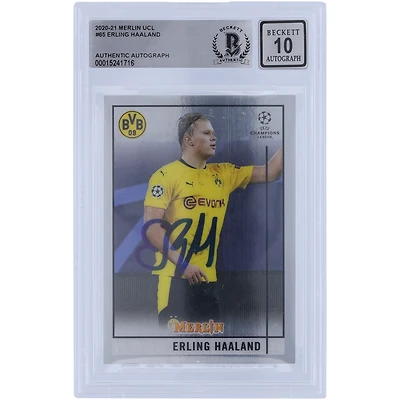 Carte authentifiée par BAS de 10 exemplaires, signée par Erling Haaland (Borussia Dortmund), collection Topps Merlin Chrome 2020-21, n° 65
