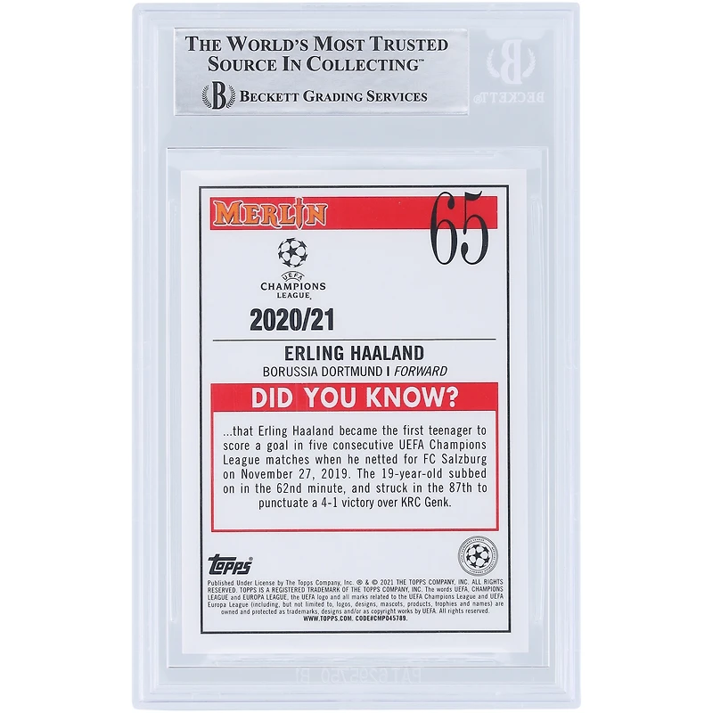 Carte authentifiée autographiée par Erling Haaland du Borussia Dortmund 2020-21 Topps Merlin Chrome Collection #65 BAS