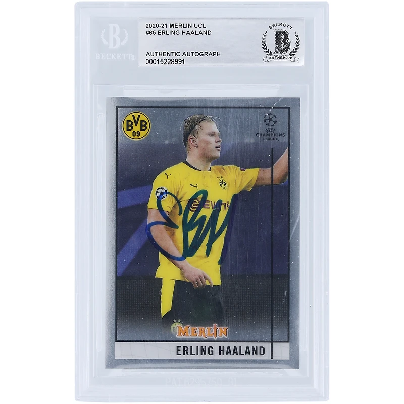 Carte authentifiée autographiée par Erling Haaland du Borussia Dortmund 2020-21 Topps Merlin Chrome Collection #65 BAS