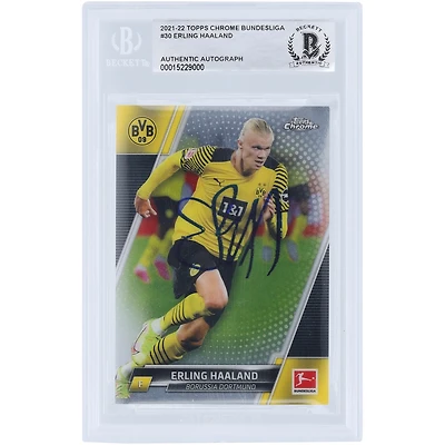 Carte authentifiée BAS 2021-22 Topps Chrome n° 30 d'Erling Haaland (Borussia Dortmund), autographiée par BAS