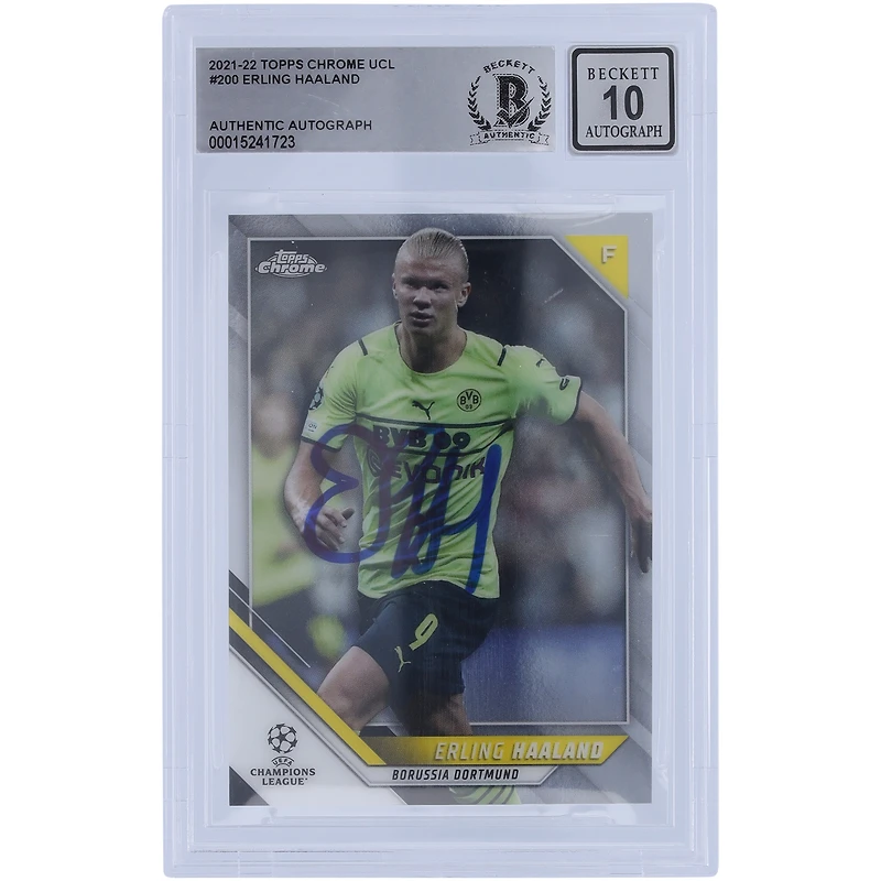 Carte authentifiée par BAS de 10 exemplaires, signée par Erling Haaland (Borussia Dortmund), saison 2021-2022, Topps Chrome UCL n° 200.