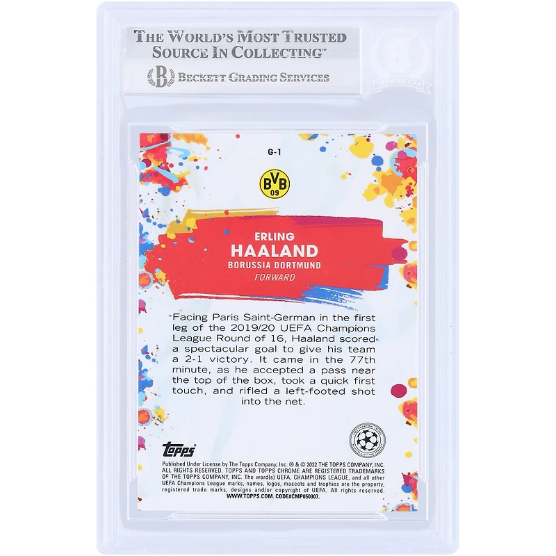 Carte authentifiée par Erling Haaland (Borussia Dortmund) Topps Chrome UEFA Golazo #G-1, saison 2021-2022, signée par Fanatics Witnessed