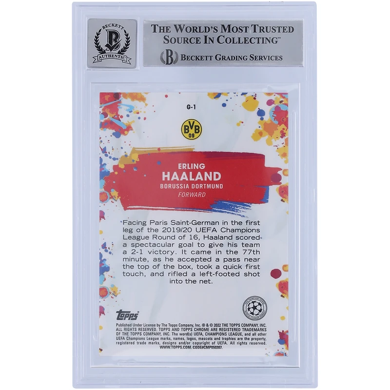 Carte authentifiée Topps Chrome Golazo #G-1 BAS 2021 autographiée par Erling Haaland du Borussia Dortmund