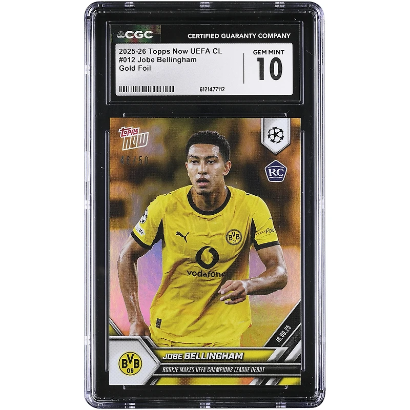 Jobe Bellingham, Borussia Dortmund 2025-26 Topps Now, Rookie en Ligue des Champions, fait ses débuts en Ligue des Champions, feuille d'or n° 12/50, authentifiée par CGC. Carte Rookie n° 10