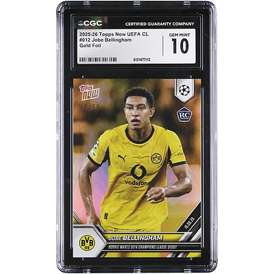 Jobe Bellingham, Borussia Dortmund 2025-26 Topps Now, Rookie en Ligue des Champions, fait ses débuts en Ligue des Champions, feuille d'or n° 12/50, authentifiée par CGC. Carte Rookie n° 10