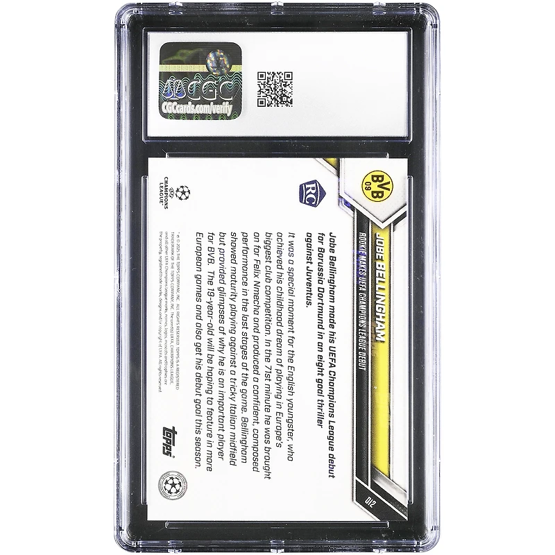 Carte recrue de Jobe Bellingham (Borussia Dortmund, saison 2025-2026, Topps Now UEFA CL) : fait ses débuts en Ligue des champions de l'UEFA (n° 12, authentifiée CGC 9.5).