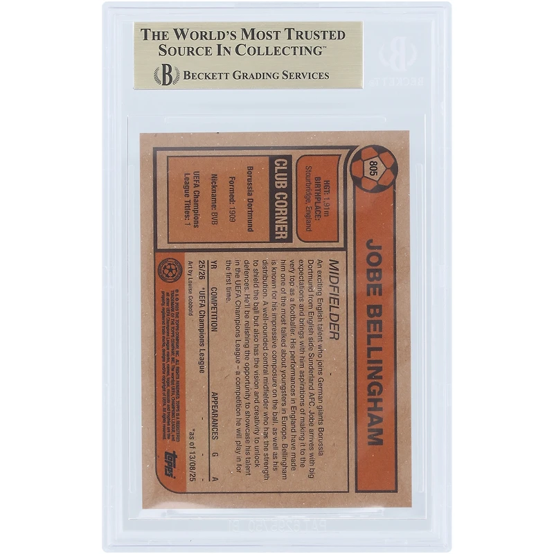 Carte de recrue Jobe Bellingham Borussia Dortmund 2025 Topps Living #805 authentifiée BGS 9.5