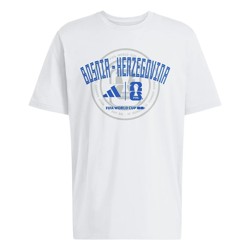 T-shirt blanc adidas pour homme de l'équipe nationale Bosnie-Herzégovine, qualifications la Coupe du Monde FIFA 2026