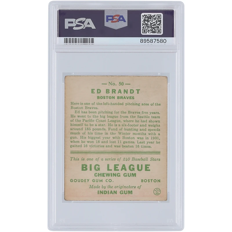 Ed Brandt Boston Braves 1933 Goudey #50 PSA Authenticated 3.5 Card