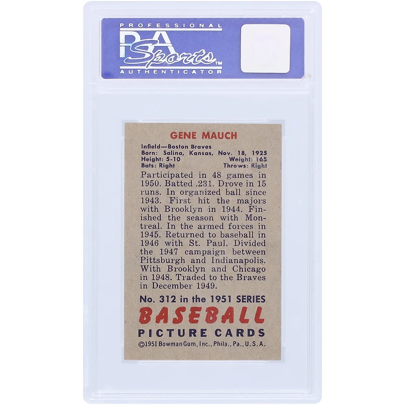 Gene Mauch Boston Braves 1951 Bowman #312 PSA Authenticated 8 Card