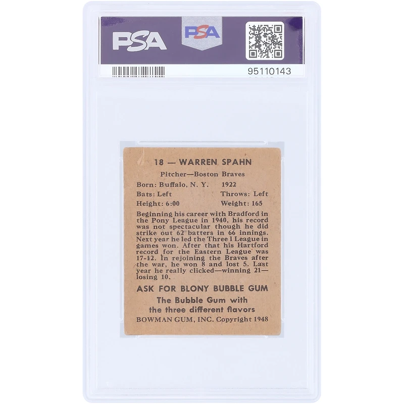 Warren Spahn Boston Braves 1948 Bowman #18 PSA Authenticated 1 Rookie Card
