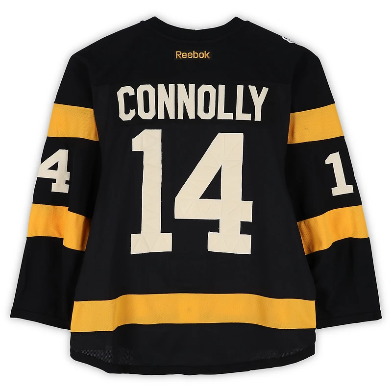 Maillot noir Reebok n° 14 de Brett Connolly (Bruins de Boston) porté à l'entraînement contre les Canadiens de Montréal le 1er janvier 2016 - Classique hivernale de la LNH - Porté pendant l'échauffement