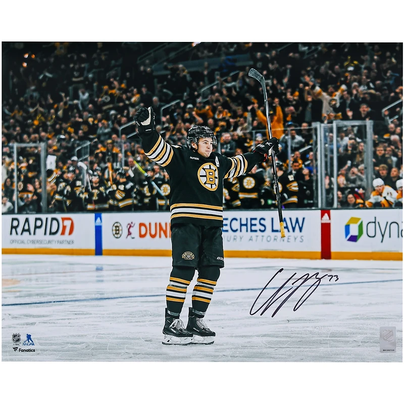Charlie McAvoy Boston Bruins Autographed 16" x 20" Black 100th Anniversary Jersey Celebrating Photograph