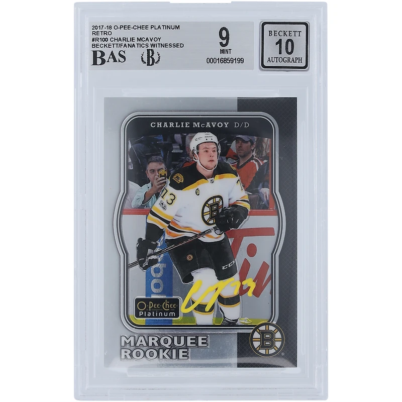 Charlie McAvoy Bruins de Boston dédicacé 2017-18 Upper Deck O-Pee-Chee Platinum Retro Yellow Ink #R-100 Beckett Fanatics Témoin authentifié 9/10 Rookie Card