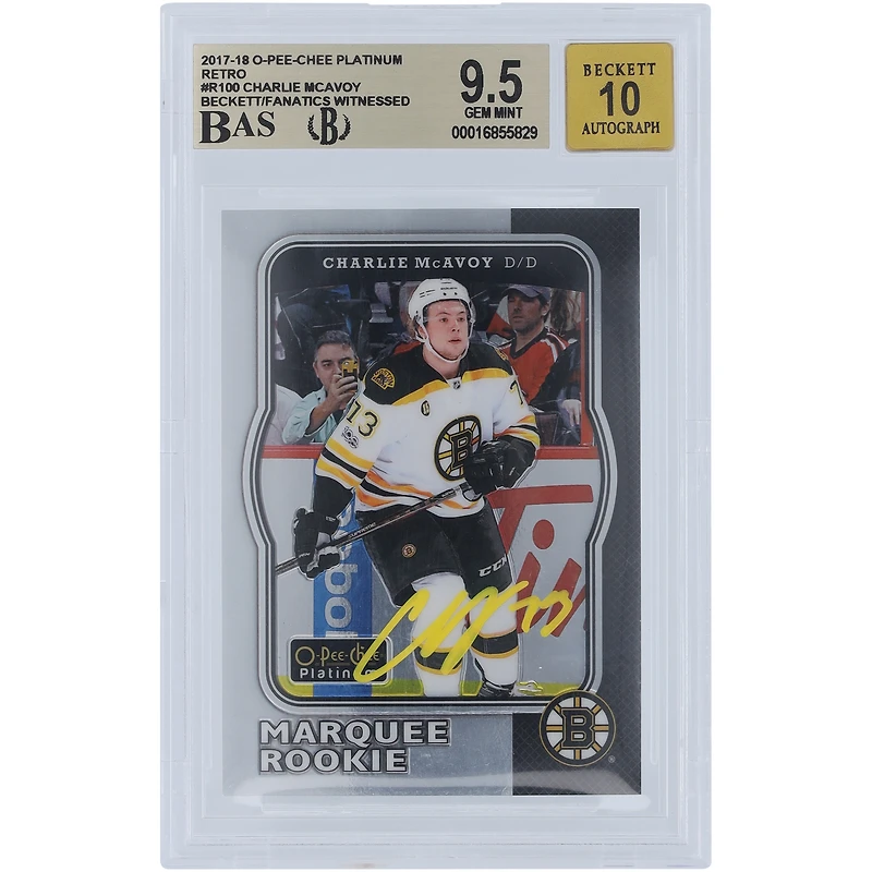 Charlie McAvoy Bruins de Boston dédicacé 2017-18 Upper Deck O-Pee-Chee Platinum Retro Yellow Ink #R-100 Beckett Fanatics Witnessed Authentifié 9.5/10 Rookie Card