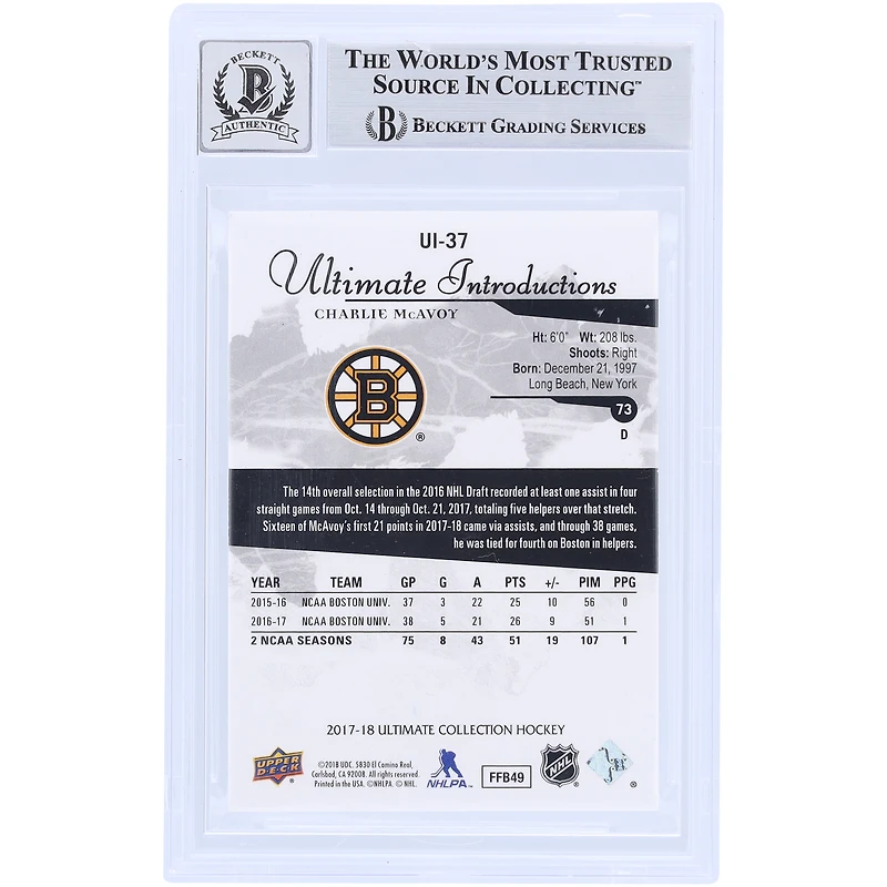 Charlie McAvoy Boston Bruins Autographed 2017-18 Upper Deck Ultimate Collection Ultimate Introductions #UI-37 Beckett Fanatics Witnessed Authenticated 9/10 Rookie Card