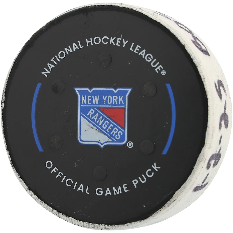 Elias Lindholm Boston Bruins Game-Used Goal Puck vs. New York Rangers on January 2, 2025