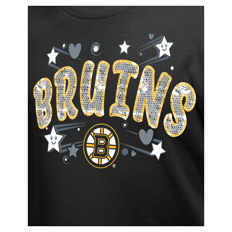 Girl's Youth New Era  Black Boston Bruins Flip Sequin T-Shirt