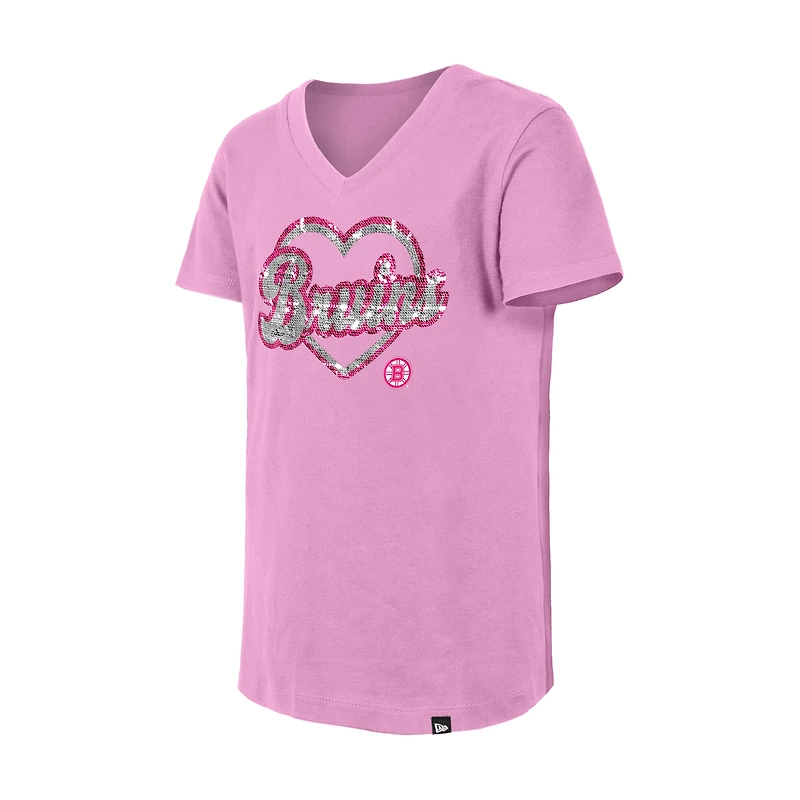 T-shirt à col en V sequins roses des Bruins de Boston New Era pour fille