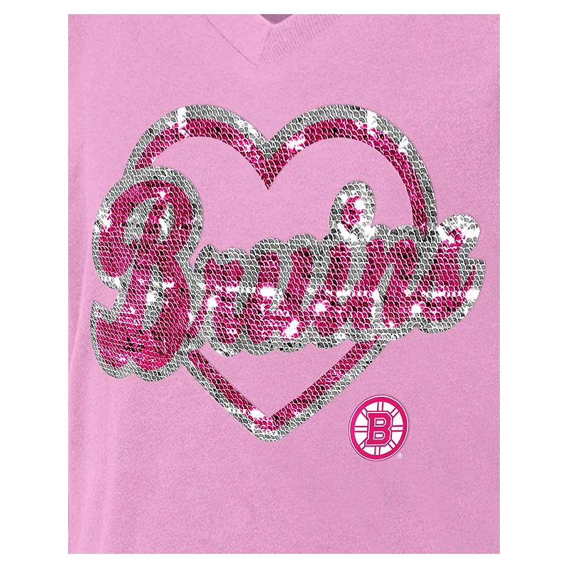 Girl's Youth New Era Pink Boston Bruins Flip Sequin V-Neck T-Shirt