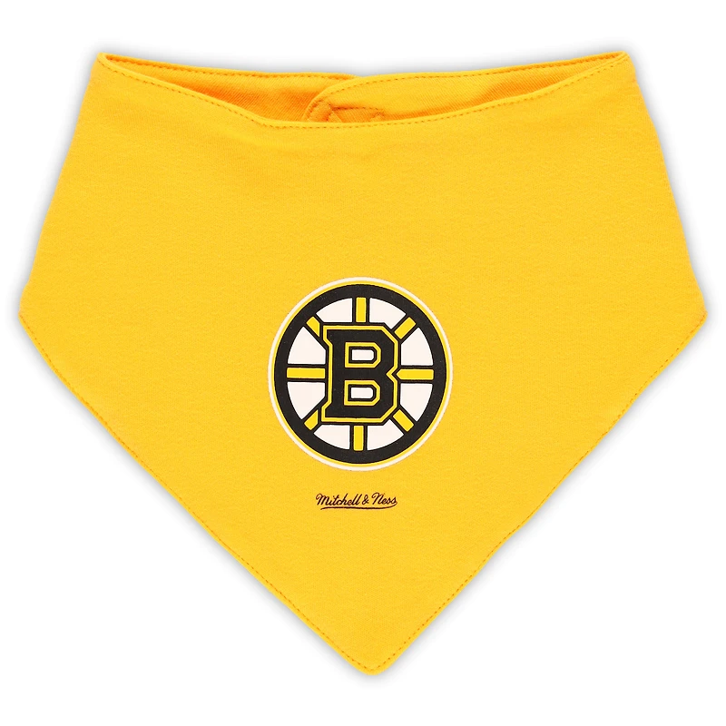 Ensemble de 3 bodys, bavoirs et chaussons Mitchell & Ness pour bébé, or/noir, Boston Bruins Big Score
