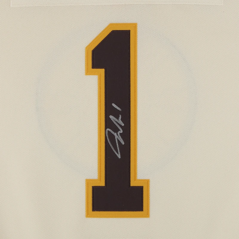 Maillot alternatif beige adidas autographié par Jeremy Swayman des Bruins de Boston, commémorant le 100e anniversaire