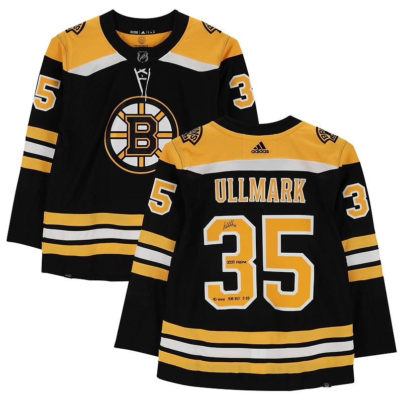 Maillot Adidas authentique noir autographié par Linus Ullmark des Boston Bruins avec plusieurs inscriptions