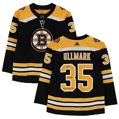 Maillot Adidas authentique noir autographié par Linus Ullmark des Boston Bruins avec plusieurs inscriptions