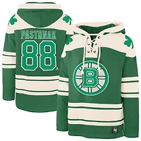 Sweat à capuche lacets pour homme David Pastrnak Kelly Green Boston Bruins St. Patrick's Day avec nom et numéro de joueur