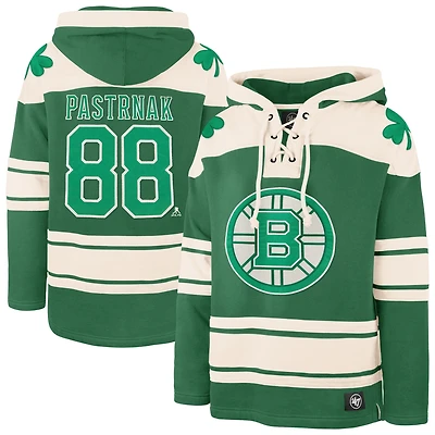 Sweat à capuche lacets pour homme David Pastrnak Kelly Green Boston Bruins St. Patrick's Day avec nom et numéro de joueur