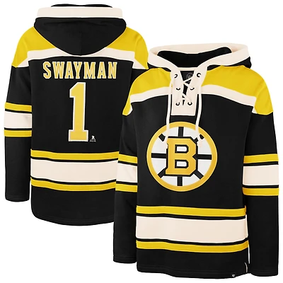 Sweat à capuche Lacer noir pour homme, modèle 47 Jeremy Swayman, avec nom et numéro du joueur des Bruins de Boston.