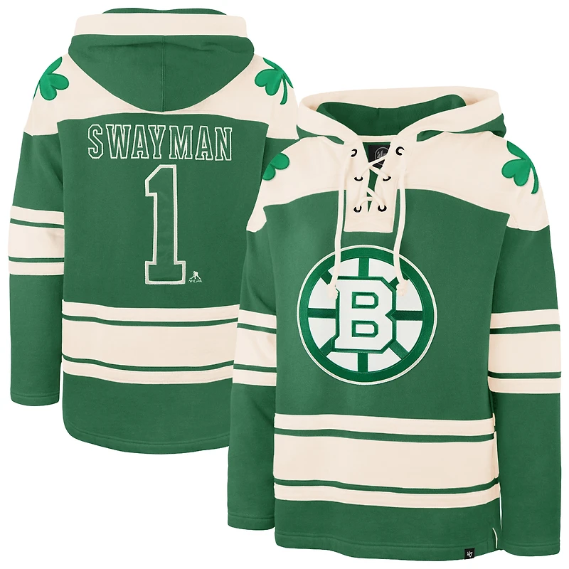 Sweat à capuche Lacer pour homme, modèle 47 Jeremy Swayman, vert Kelly, Boston Bruins, édition spéciale Saint-Patrick, avec nom et numéro du joueur