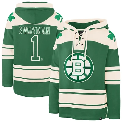 Sweat à capuche Lacer pour homme, modèle 47 Jeremy Swayman, vert Kelly, Boston Bruins, édition spéciale Saint-Patrick, avec nom et numéro du joueur