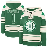 Sweat à capuche Lacer pour homme, modèle 47 Jeremy Swayman, vert Kelly, Boston Bruins, édition spéciale Saint-Patrick, avec nom et numéro du joueur