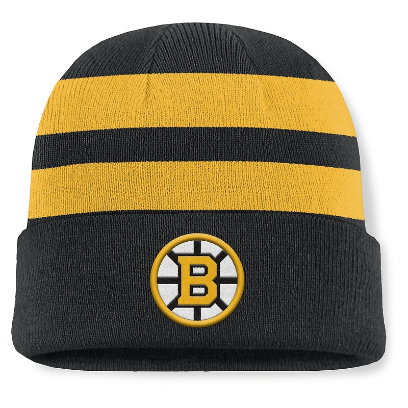 Bonnet en tricot à revers Fanatics noir/or pour homme, motif Fundamental Swipe Stripe des Bruins de Boston