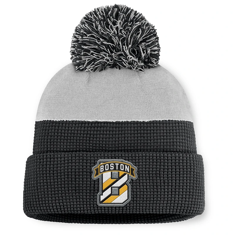 Men's Fanatics Black/Gray Boston Bruins Authentic Pro Home Ice Cuffed Knit Hat with Pom