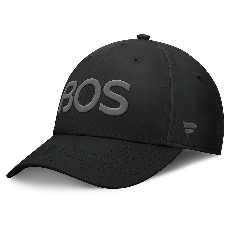 Casquette Fanatics noire authentique Pro Road Team Code Side Patch Flex pour homme des Bruins de Boston