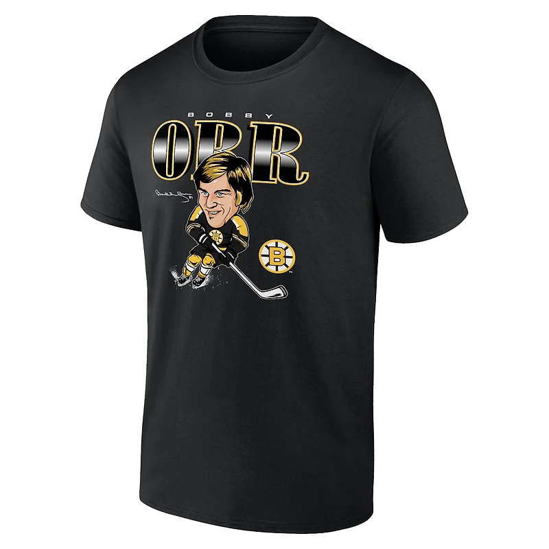 T-shirt noir de caricature joueur des Bruins Boston Fanatics Bobby Orr pour hommes
