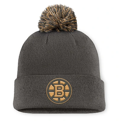 Bonnet en tricot à revers avec pompon, motif authentique des Bruins de Boston, couleur charbon Fanatics pour homme