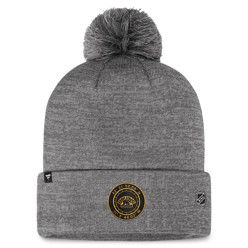 Bonnet en tricot à revers de glace authentique Pro Home Fanatics gris des Bruins de Boston pour hommes avec pompon