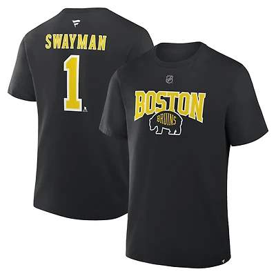 Men's Fanatics Jeremy Swayman Black Boston Bruins 2026 NHL Stadium Series Authentic Stack Name & Number T-Shirt